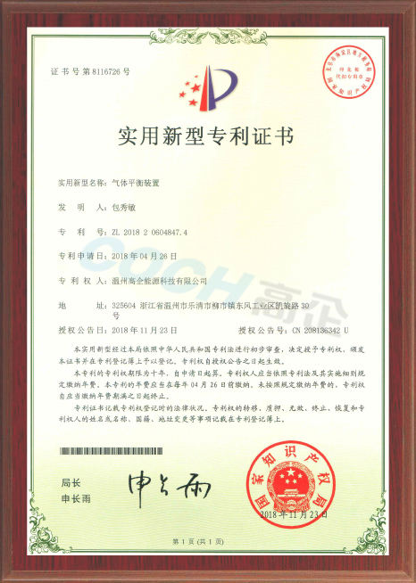 Certificate of patent for utility model