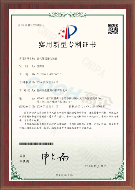 Certificate of patent for utility model